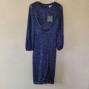 Mac Duggal Ieena Womens 2 Sequin Puff Sleeve High Neck Midnight Navy Gown Slit